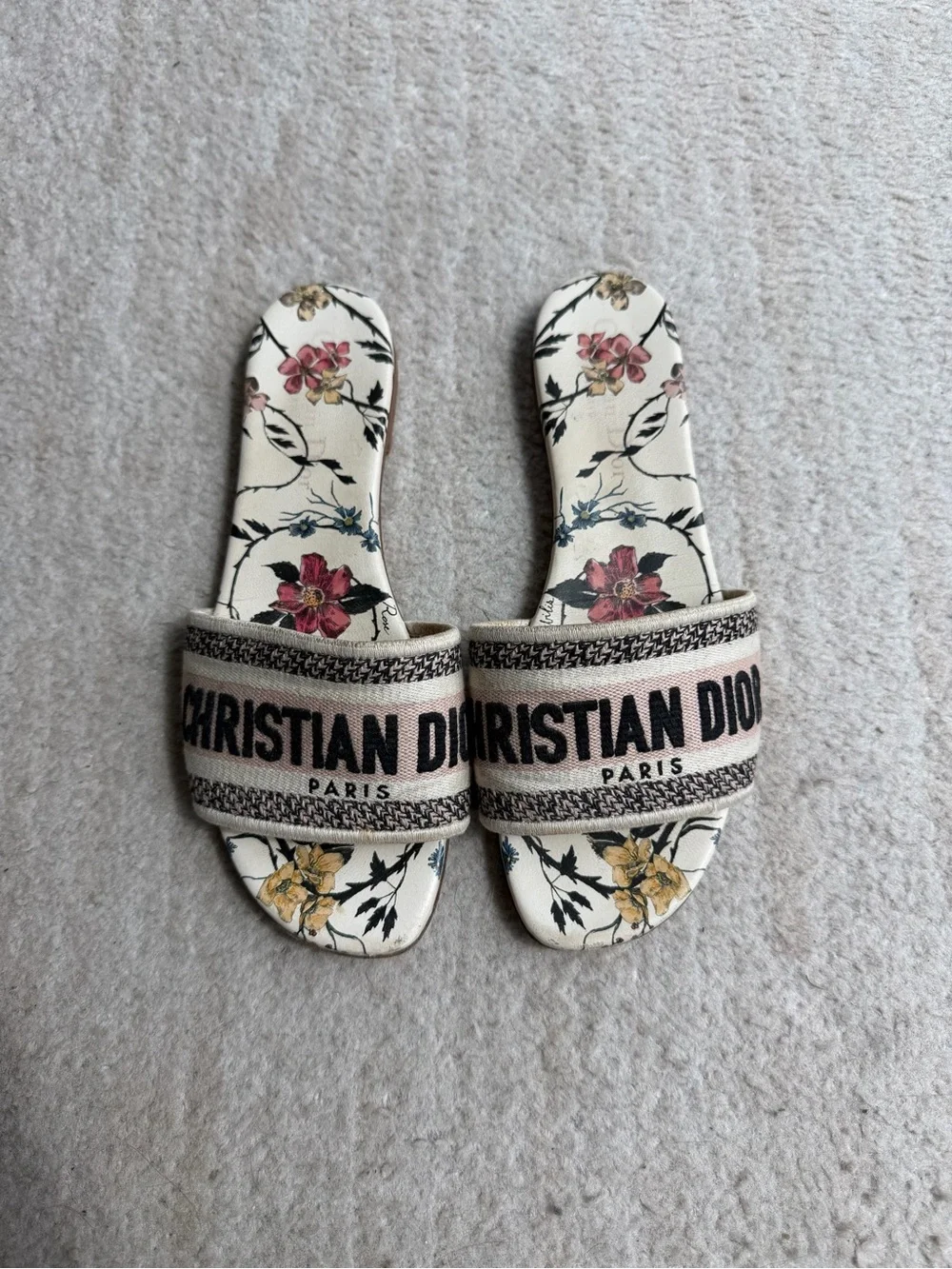 Dior Floral Logo Slide Sandals in Cream, Pink and Yellow